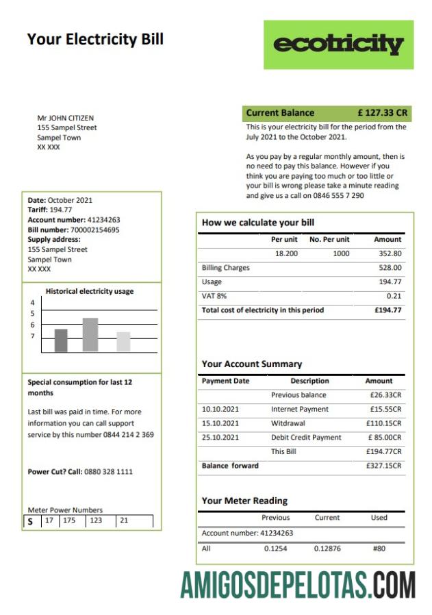Para baixar modelo de conta de serviços públicos de eletricidade da Ecotricidade do Reino Unido em formato Word e PDF (.doc e .pdf)